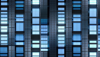 Fototapeta na wymiar Seamless skyscraper facade with blue tinted windows, Modern abstract office building background texture with glowing lights against dark black exterior walls. 3D rendering, sleek, Generative AI