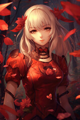 Fototapeta premium portrait of a beautiful mange girl in red dress - AI Generative