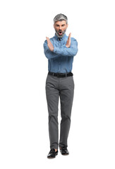 Fototapeta premium Emotional mature businessman in stylish clothes posing on white background