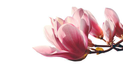 Magnolia pink bloom in spring. Branches with Large grandiflora flowers close-up view isolated background transparent png. Generative ai