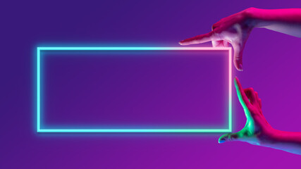 Human hands interacting in motion with geometric glowing figure, rectangle over minimal gradient purple background in neon light © Lustre Art Group 