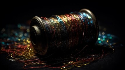 Bobbins of thread on a black background with golden particles Generative AI