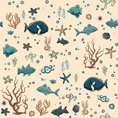 Undersea fishes, seaweeds, stars, corals design. Sea seamless pattern. Underwater life, cartoon vector ocean undersea repeating backdrop