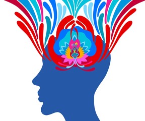 Creatività, ispirazione, meditazione rilassamento concentrazione. Disegno grafico isolato forza della mente umana. Risveglio spirituale buddhista yoga, forza della 7 chakra. Benessere mentale 