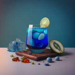 A blue curacao drink with ice and a lime on the side Generative AI