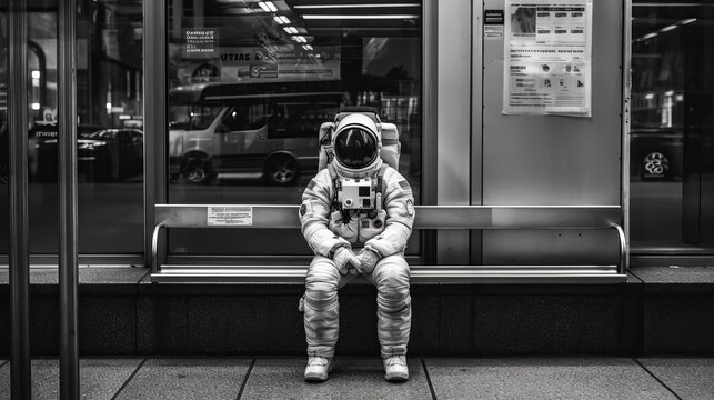 Astronaut sitting at the bus stop Generative AI