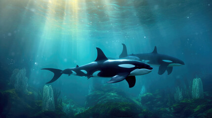 Killer whales (orcas) swim under blue water