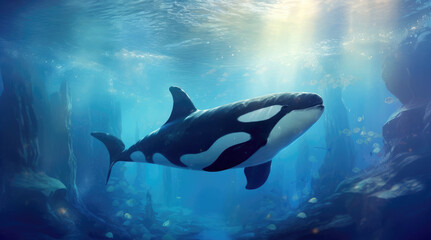 Obraz na płótnie Canvas Killer whales (orcas) swim under blue water