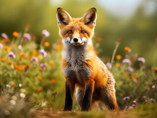 Naklejka na ściany i meble Curious red fox on a green meadow