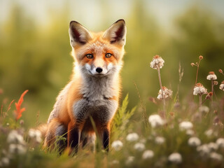 Naklejka na ściany i meble Curious red fox on a green meadow