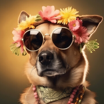 Portrait of happy dog with flowers. Generative AI
