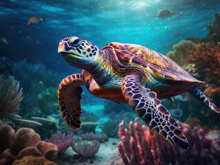 Obraz na płótnie Canvas Sea turtle swims under blue water