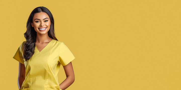 Attractive woman wearing medical scrubs, isolated on yellow background. Place holder, copy space banner for medical  and beauty industry