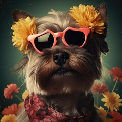 Portrait of happy dog with flowers. Generative AI