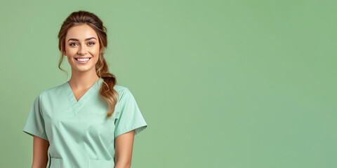 Attractive woman wearing medical scrubs, isolated on green background. Place holder, copy space banner for medical  and beauty industry