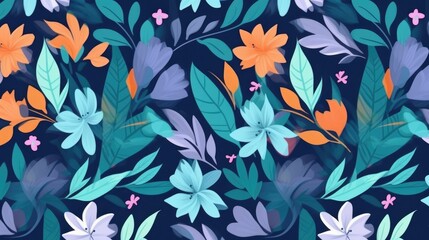 Seamless pattern with flowers and leaves on grey background