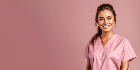 Attractive woman wearing medical scrubs, isolated on pink background. Place holder, copy space banner for medical  and beauty industry