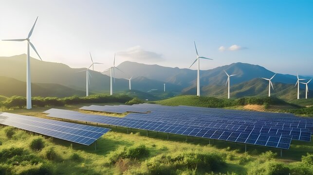 Solar energy panel photovoltaic cell and wind turbine farm power generator in nature landscape, Generative AI