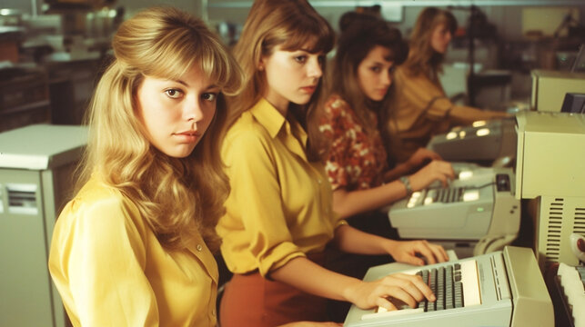 Portrait of a team of female secretaries working on their computers in the 80s created with generative AI