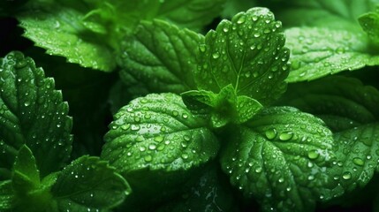 Mint leaves with water drops seamless background. AI generated