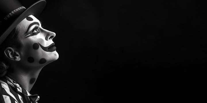 Black and white photorealistic studio portrait of a female clown on black background. Generative AI illustration