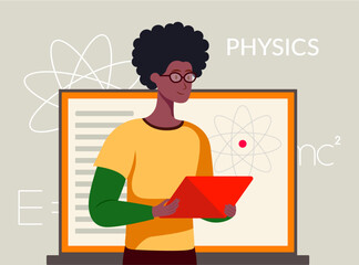 student of the faculty of physics, science, education, specialty, higher education, college, university, institute, teacher, teaching, tutoring, tutor, vector flat illustration, dark skin tone