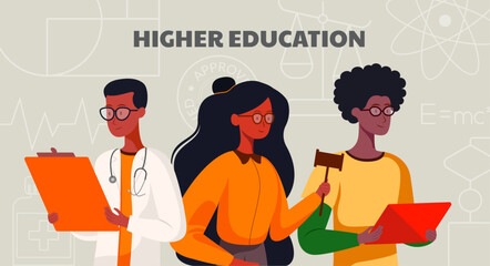 higher education set banner, student, faculty, science, education, doctor, lawyer, physicist, specialty, college, university, institute, teacher, teaching, tutoring, tutor, dark skin tone