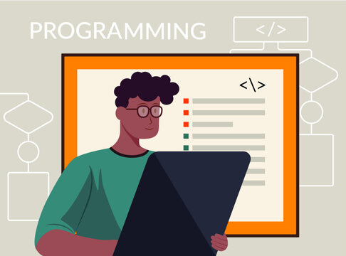student of the faculty of programming, developer, engineering, education, specialty, IT, higher education, college, university, institute, teacher, teaching, tutoring, tutor, vector flat illustration