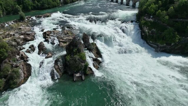 Rhine Falls waterfall in Schaffhausen Switzerland seen from above. The Rheinfall in the river Rhine is the most powerful waterfall in Europe.