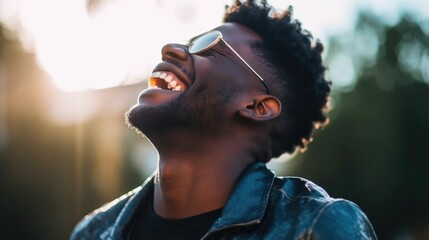 Cheerful black man laughing with eyes closed