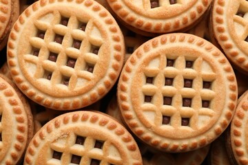 Tasty sandwich cookies with cream as background, top view