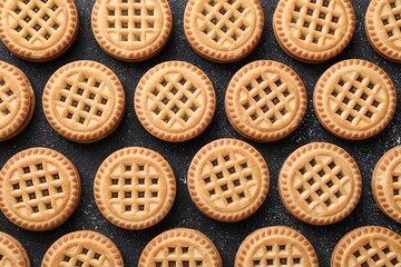Tasty sandwich cookies with cream on black textured background, flat lay