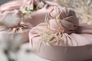 Furoshiki technique. Gifts packed in pink fabric and dried branches on white table, closeup