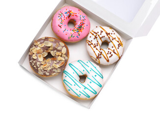 Box with tasty glazed donuts isolated on white, top view