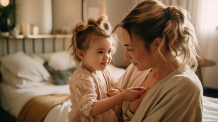 Mother fixing daughter’s hair into pigtails in bedroom