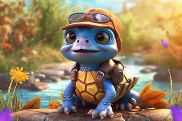 a cute adorable baby turtle with coats, cap and glassess in nature rendered in the style of children-friendly cartoon animation fantasy style  created by AI