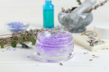 Obraz na płótnie Canvas Homemade lavender gel on white wooden table, closeup