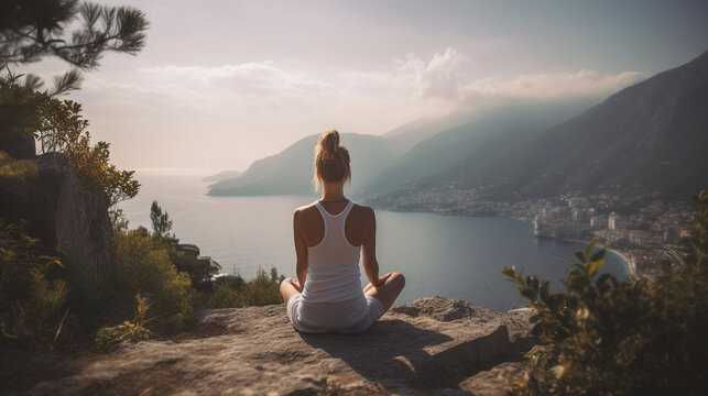 Back view of unrecognizable female in peaceful meditation front of a wonderful lake - Generative Ai