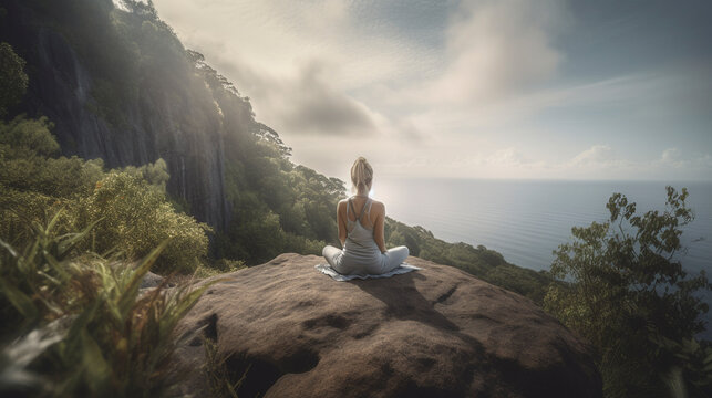 Back view of woman in meditation with stunning view - Generative Ai