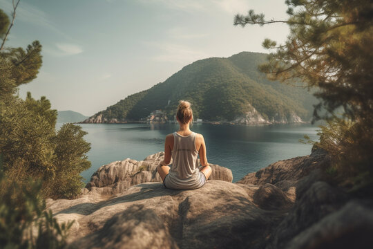 Back view of young female meditating in beautiful location front of a lake - Generative Ai