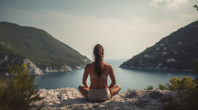 Back view of woman practicing yoga on mountain top front of a lake - Generative Ai