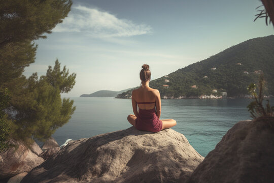 Back view of woman meditating in breathtaking scenery - Generative Ai