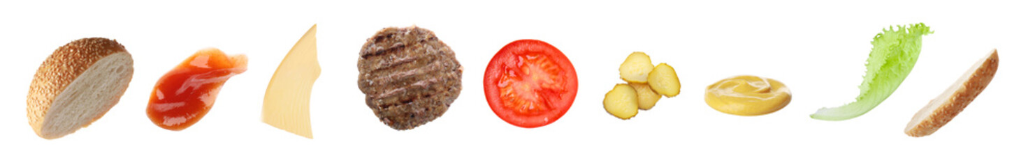 Collage with flying ingredients for burger on white background
