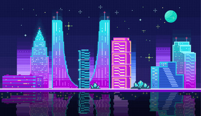 Night city landscape neon pixel background with hight buildings silhouette and stars in dark sky. Pixelated evening cityscape neon for video game design pixel nighttime with modern skyscrapers