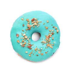 Tasty glazed donut decorated with nuts isolated on white, top view