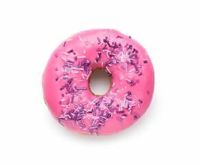Tasty glazed donut decorated with sprinkles isolated on white, top view