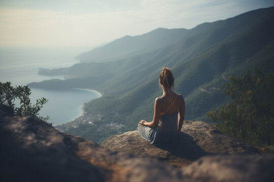 Back view of unrecognizable woman experiencing deep stillness in mountain meditation - Generative AI