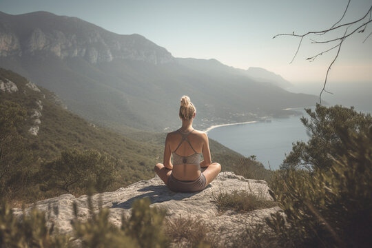Back view of beautiful woman embracing mountain tranquility through meditation - Generative AI