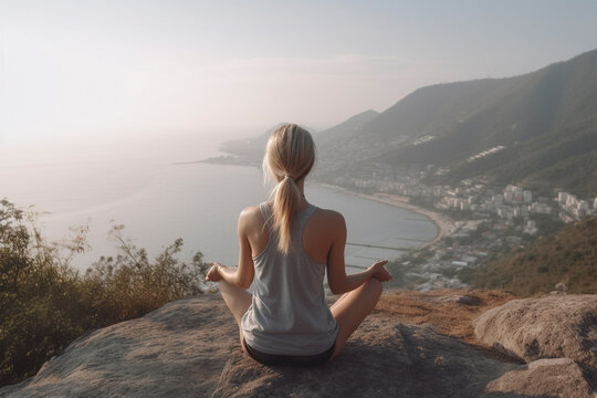 Photo from behind of woman exploring mindfulness in mountain meditation pose - Generative AI