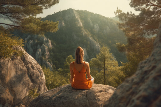 Back view of unrecognizable girl delving into the beauty of mountain meditation - Generative AI